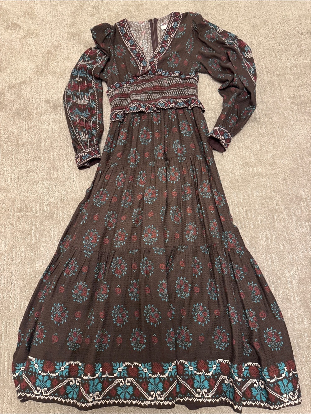 Sea New York Brown Floral Maxi Dress with Teal and Rust Accents